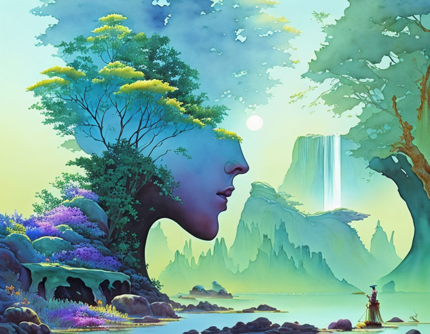 Surreal landscape with human profile, tree, waterfall, cliffs, and observer