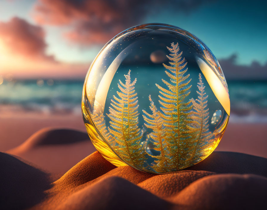 Golden ferns in crystal ball on sandy terrain with beach sunrise.