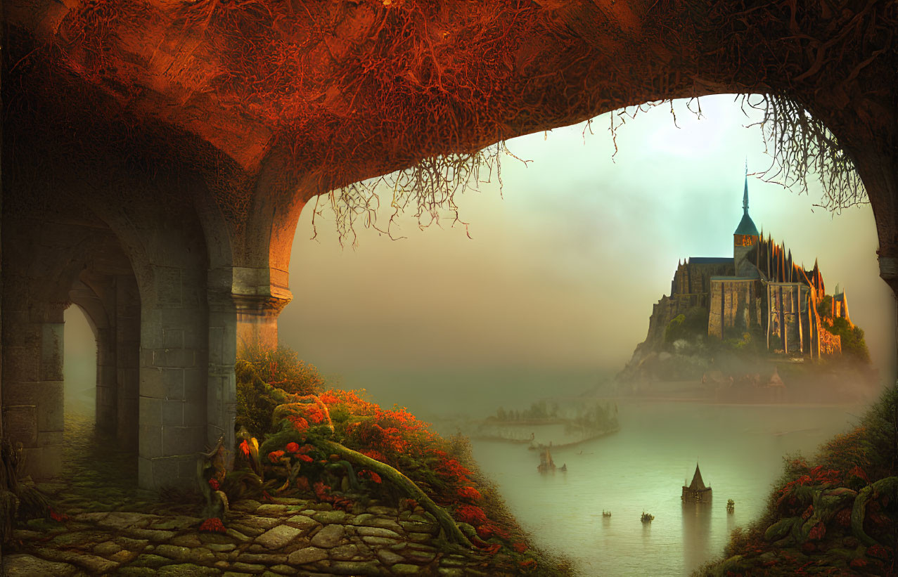 Sunset illuminating castle on rocky island through archway with boats on fog-covered waters