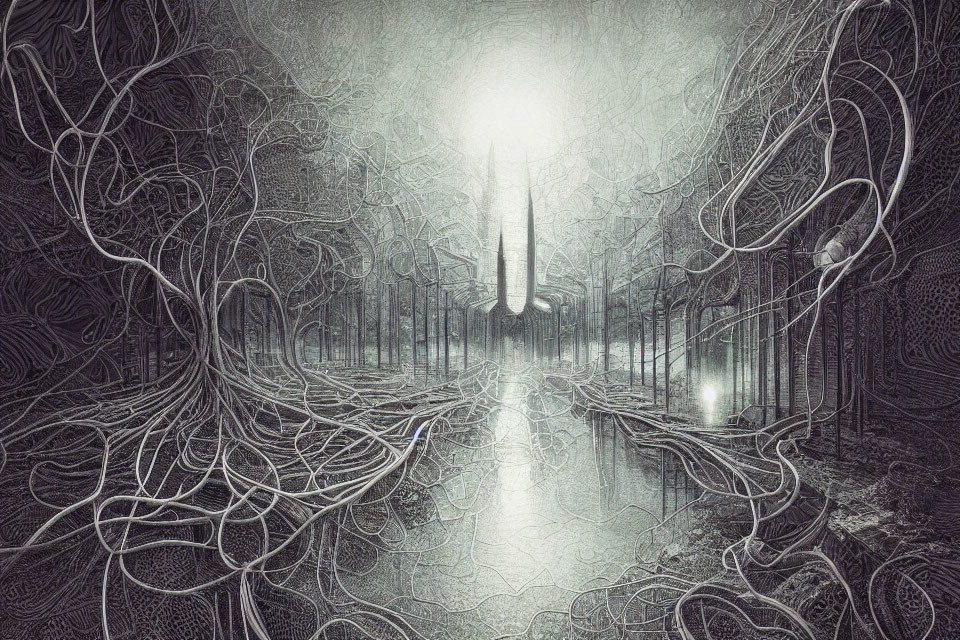 Monochrome forest with vine-like patterns and luminous light source