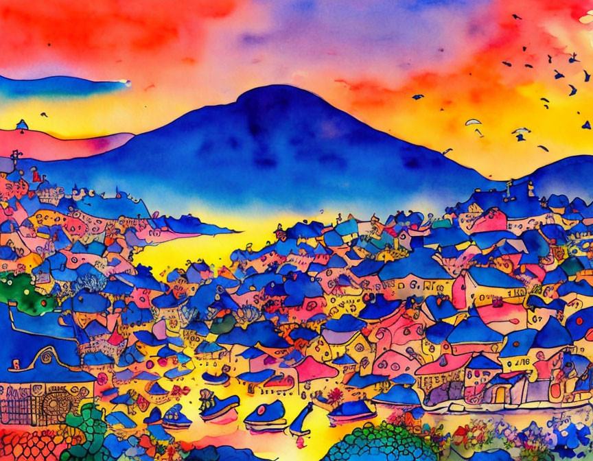 Colorful Watercolor Painting of Whimsical Town at Sunset