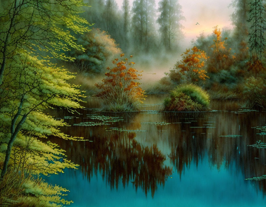 Tranquil autumn lake scene with misty dawn sky and flying bird