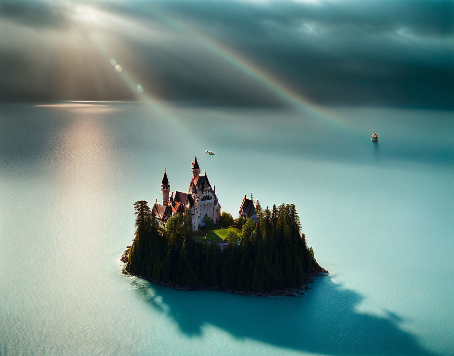 Enchanting fairytale castle on sunlit island with rainbows, calm sea, and ship