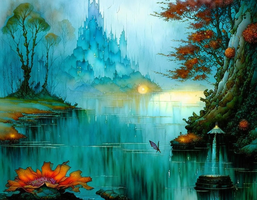 Ethereal castle in misty forest near serene lake at sunrise