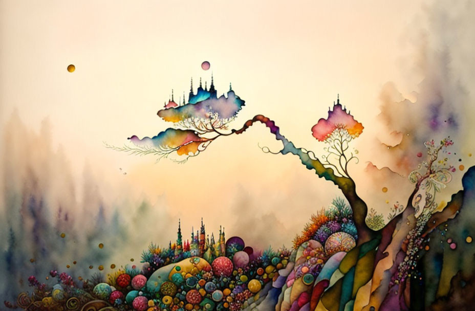 Colorful Watercolor Landscape with Bubble-Like Trees and Floating Islands