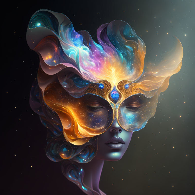 Surreal female face with cosmic mask and vibrant swirling hair against starry backdrop