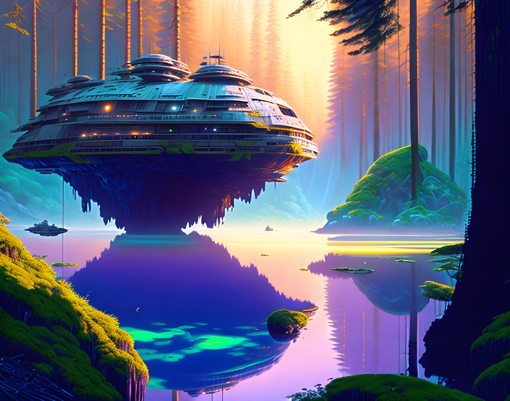 Futuristic city hovers over tranquil lake in alien forest at sunrise.