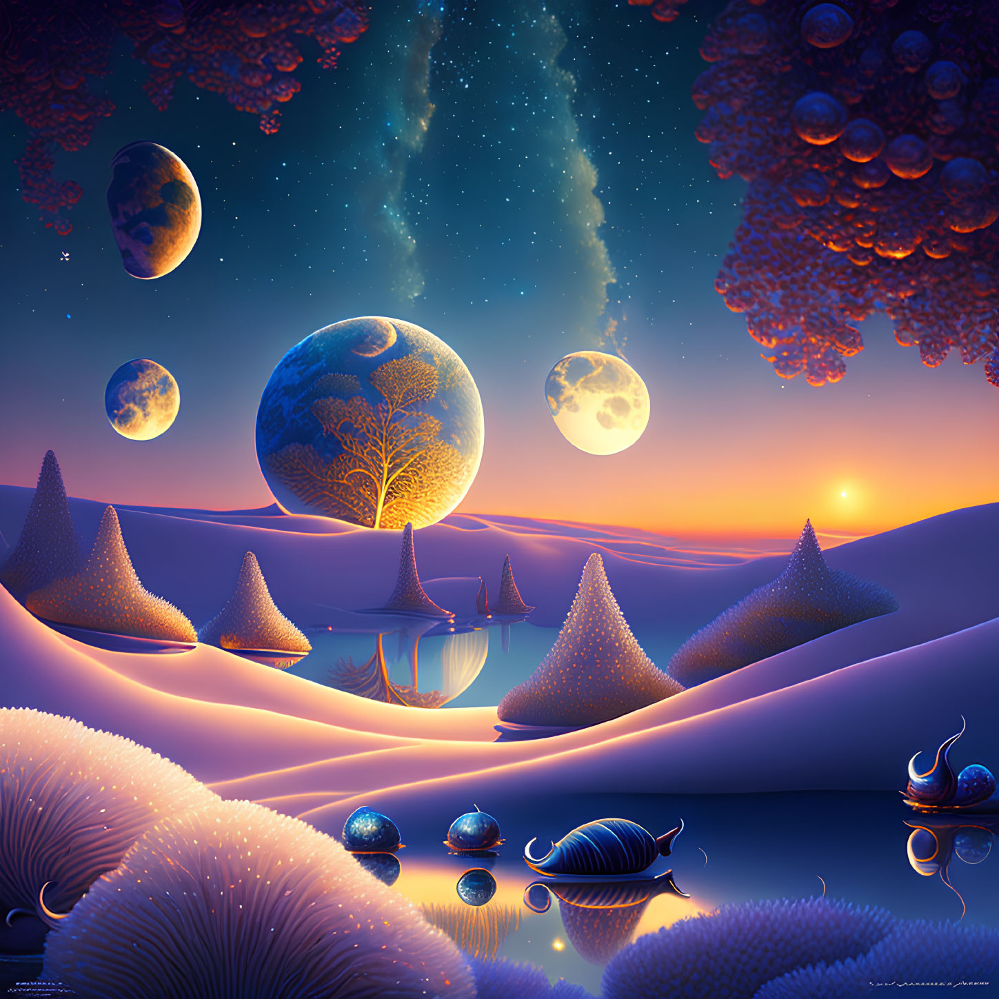 Surreal twilight landscape with river, trees, hills, starry sky, moons, and planets