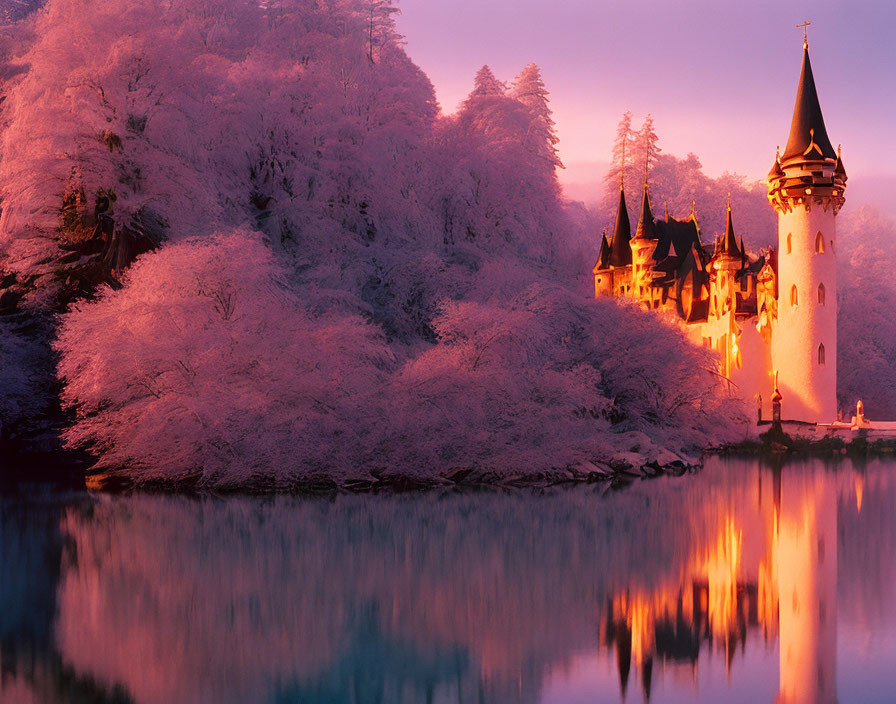 Pink Twilight Scene: Castle by Reflective Lake, Frosty Trees & Blooming Blossoms