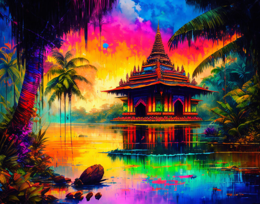 Colorful Asian Temple Surrounded by Lake and Foliage