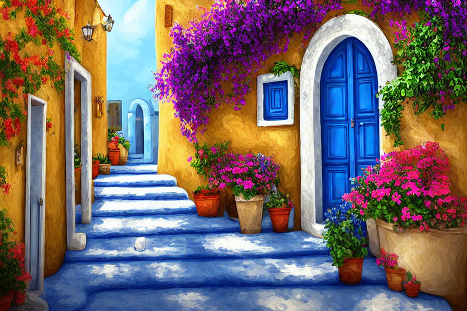 Colorful painting of sunny alley with blue door & yellow walls