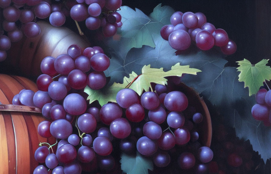 Purple Grapes Clusters with Green Leaves on Wooden Barrels in Dark Setting