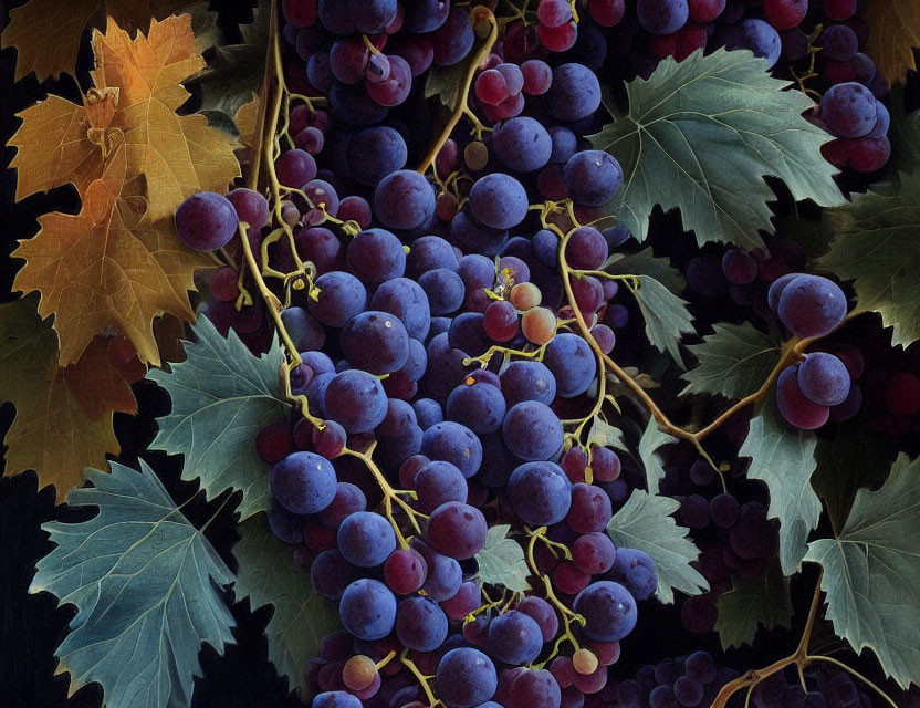 Ripe purple grapes in lush vineyard setting