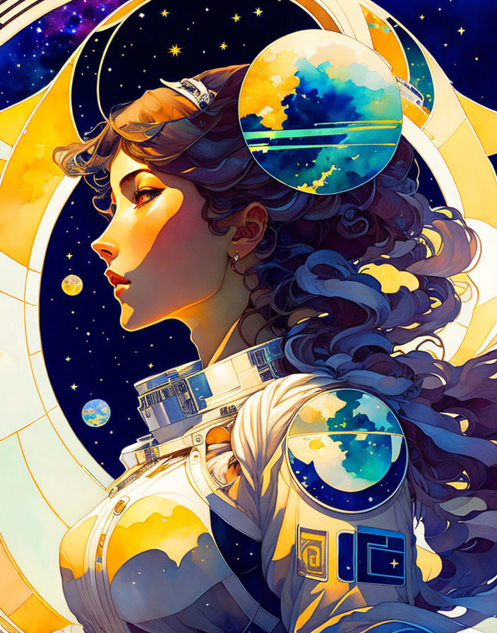 Illustration of woman in space-themed attire against cosmic backdrop
