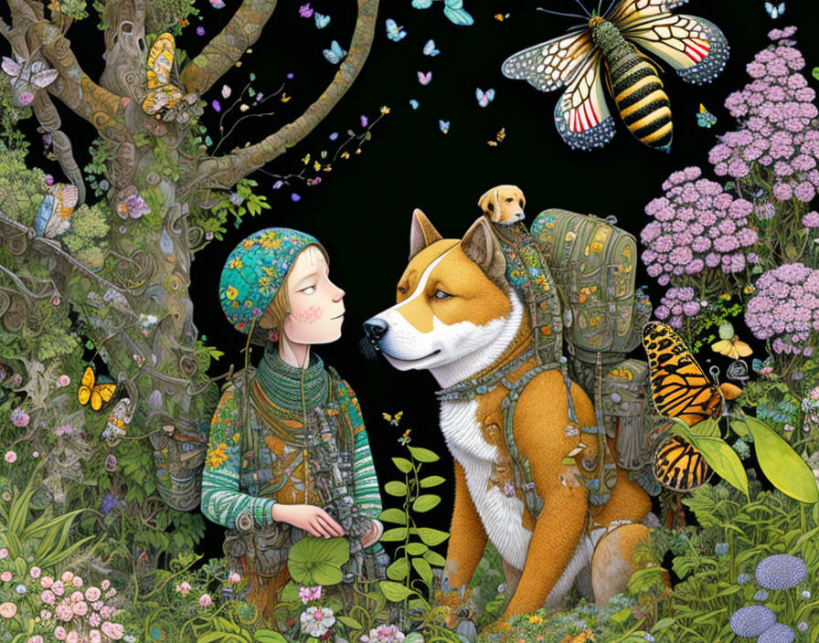 Girl in headscarf and Shiba Inu with backpack in lush forest with butterflies, mouse,