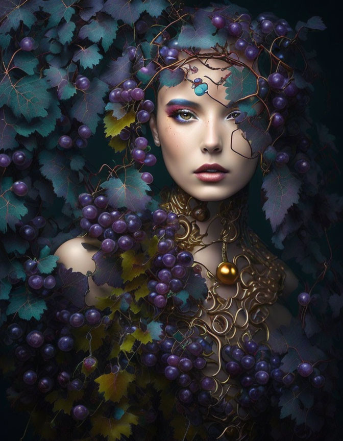 Portrait of Woman with Grapevines in Rich Purple and Green Hues