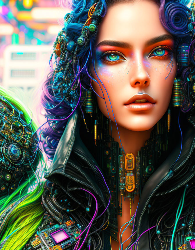 Portrait of a woman with blue curly hair and cyberpunk style makeup.