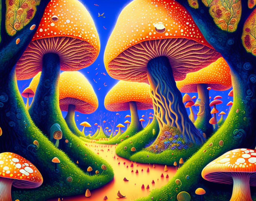 Enchanted forest illustration with oversized mushrooms and magical pathway