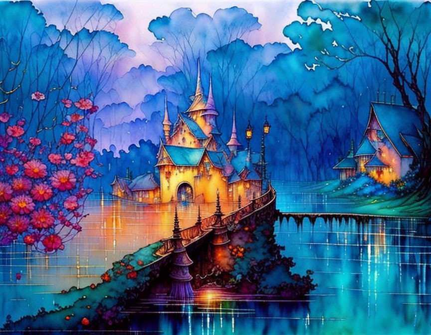 Colorful Fantasy Artwork: Castle, Trees, Bridge, Twilight Sky