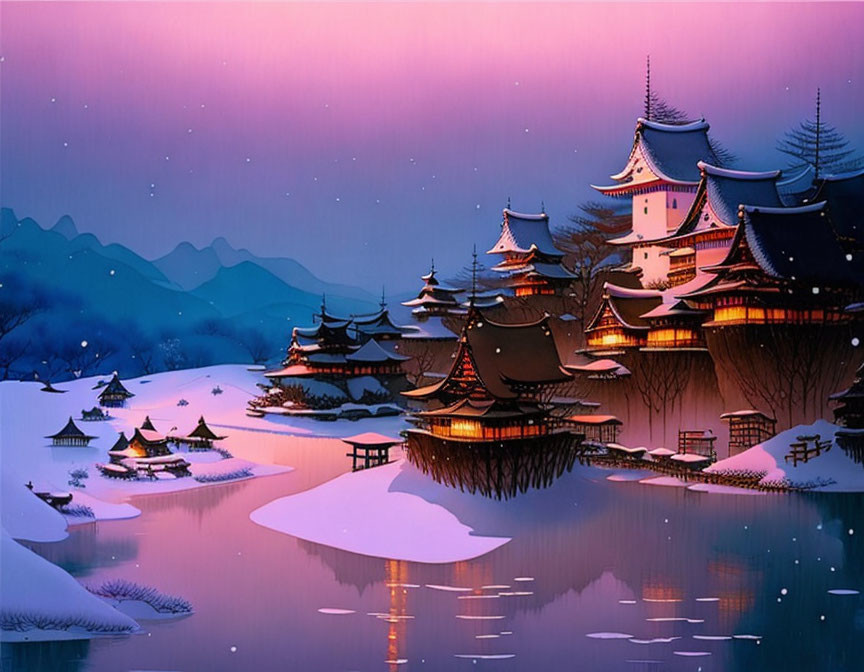 Japanese village with traditional architecture in snow-covered twilight landscape