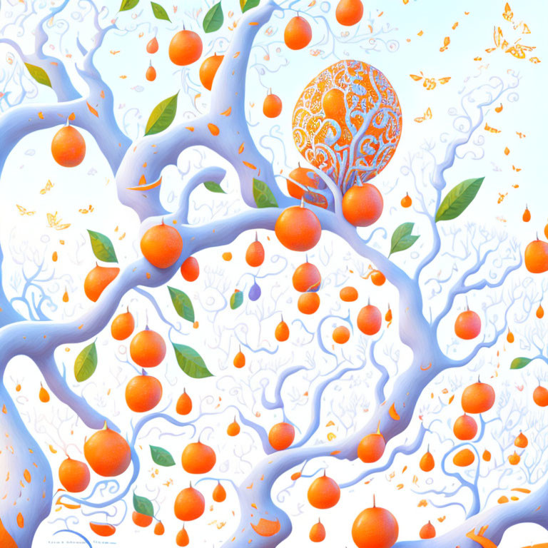 Colorful Whimsical Tree Illustration with Butterflies