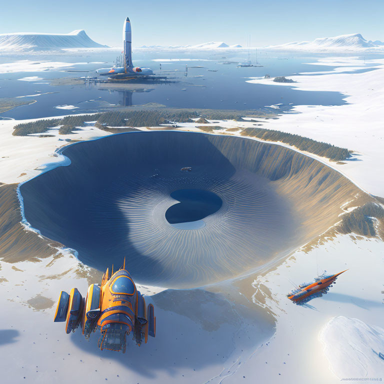 Futuristic vehicles and structures near circular basin in snowy polar landscape