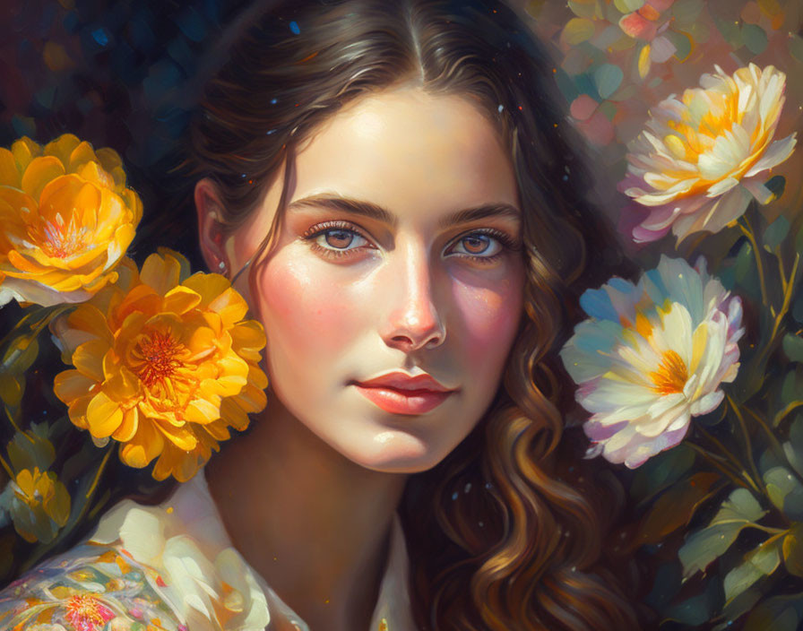 Young woman portrait with wavy hair and vibrant flowers.