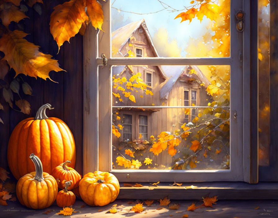 Fall-themed pumpkin window display with house, falling leaves, and sunlight.