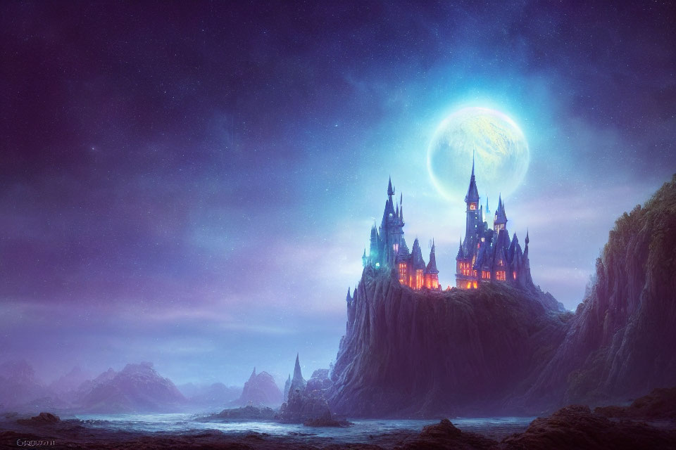 Mystical castle on craggy cliff under large moon