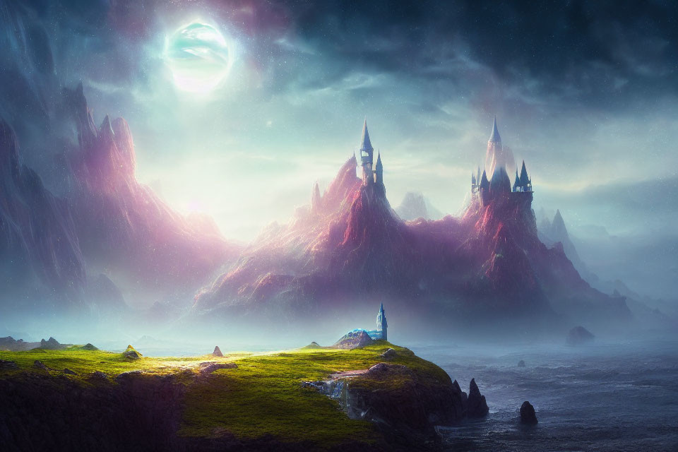 Mystical landscape with spires and castles overlooking ocean