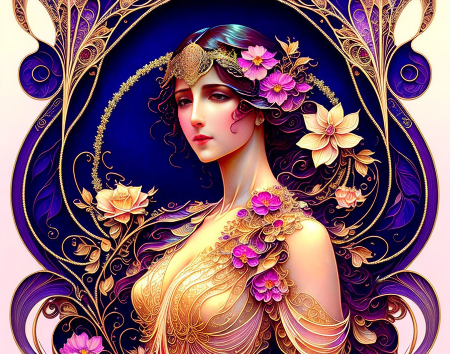 Art Nouveau Woman in Floral Headpiece and Golden Attire on Purple Background