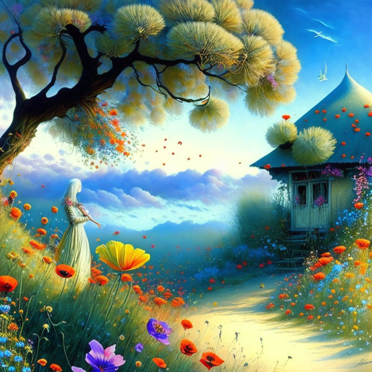 Woman in flowing dress admires vibrant meadow with large flowers, whimsical tree, and quaint hut