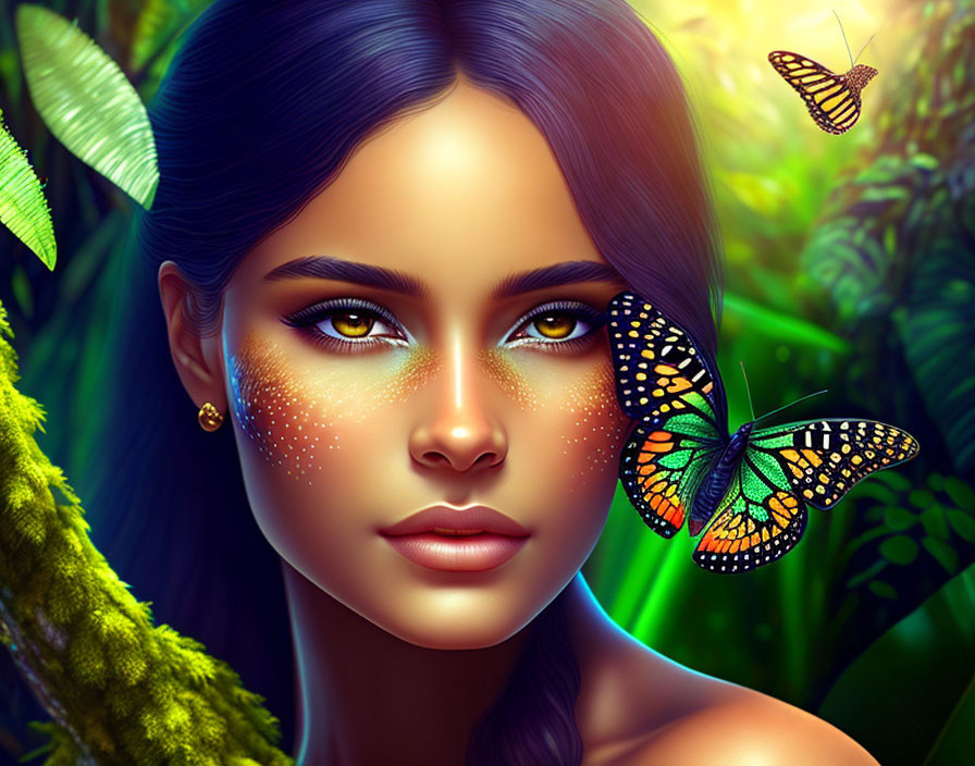 Digital art portrait of woman with glowing eyes in lush greenery with butterfly