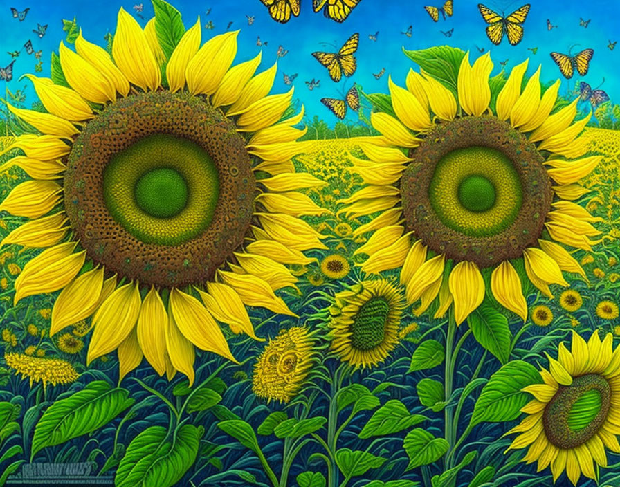 Colorful sunflower field with butterflies under blue sky