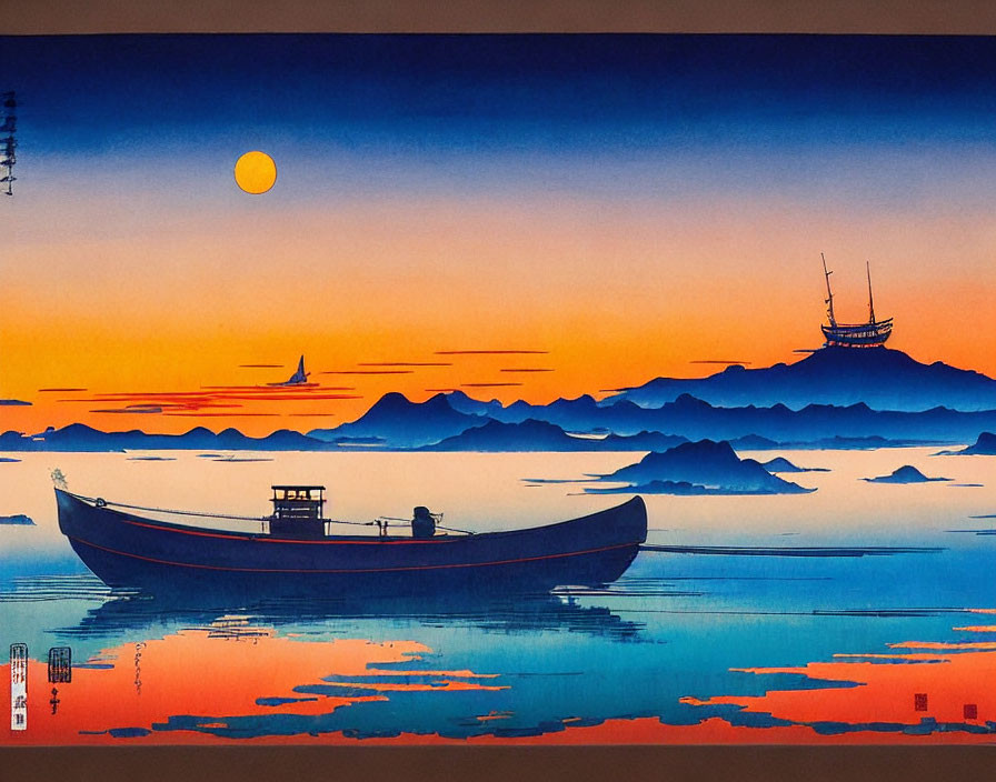 Traditional Japanese Landscape Painting: Boat on Calm Waters with Sunset Sky