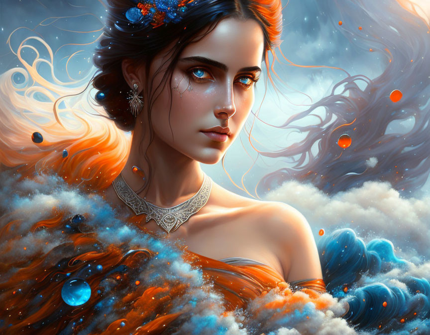 Fantasy illustration of woman with blue eyes in cosmic setting