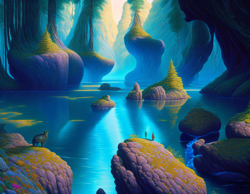 Fantasy landscape with towering trees, blue river, colorful flora, and small figures.