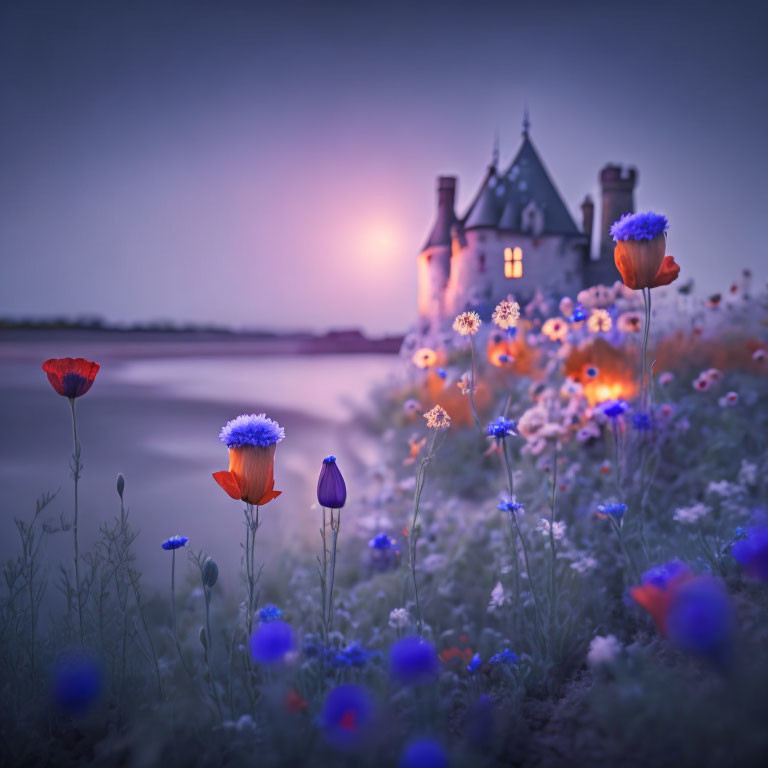 Tranquil dusk scene with wildflowers, illuminated castle, and purple sky