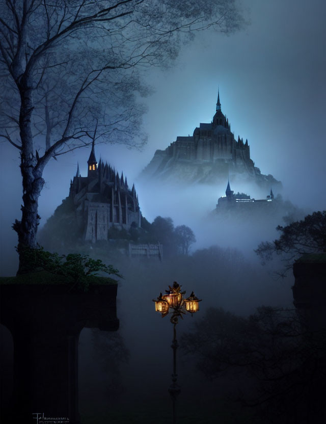 Castle on Misty Hill at Dusk with Silhouetted Trees & Street Lamp