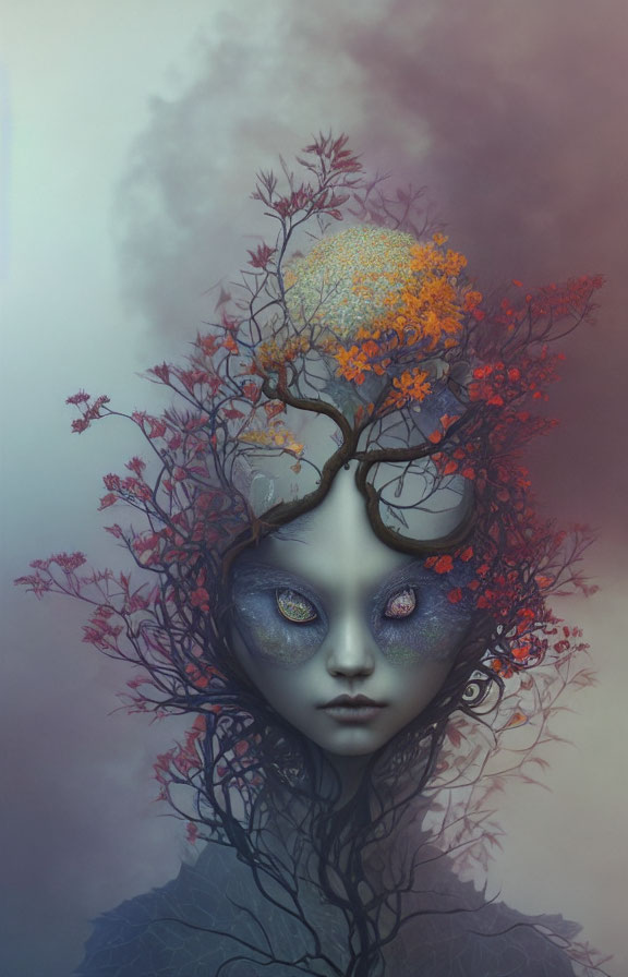 Humanoid Figure with Tree Branches and Flowers in Misty Background