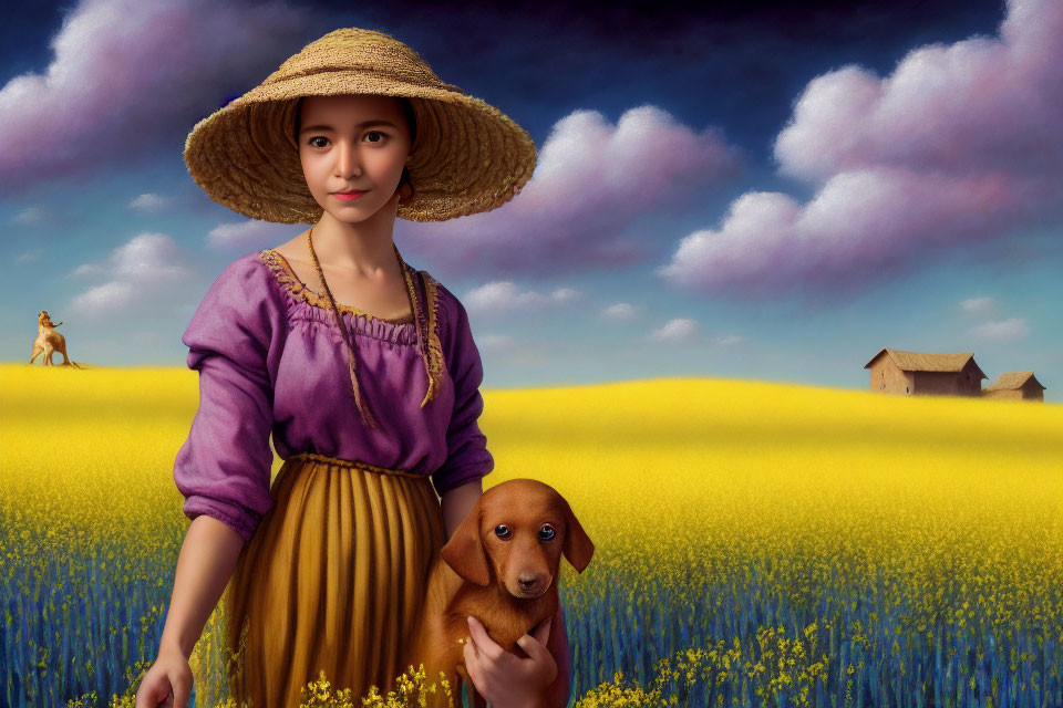 Young woman in straw hat and purple blouse in field with dog and farmhouse.