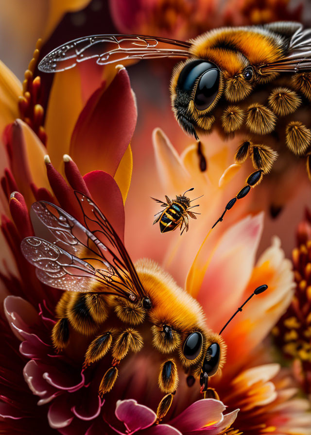 Detailed Close-Up of Bees Pollinating Red and Orange Flowers