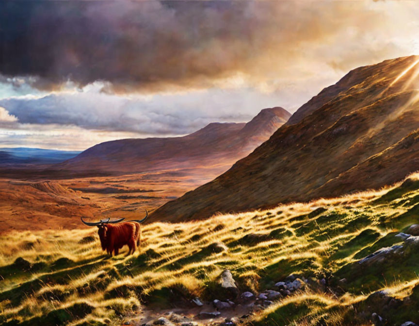 Highland cow on grassy hillside with sunrays and mountain landscape at sunset