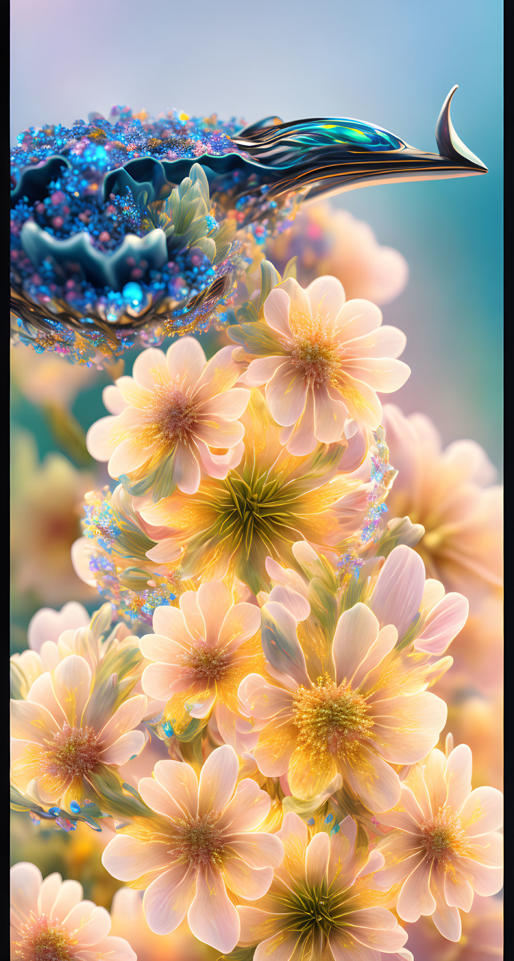 Colorful surreal fish with floral and sparkles in digital art.