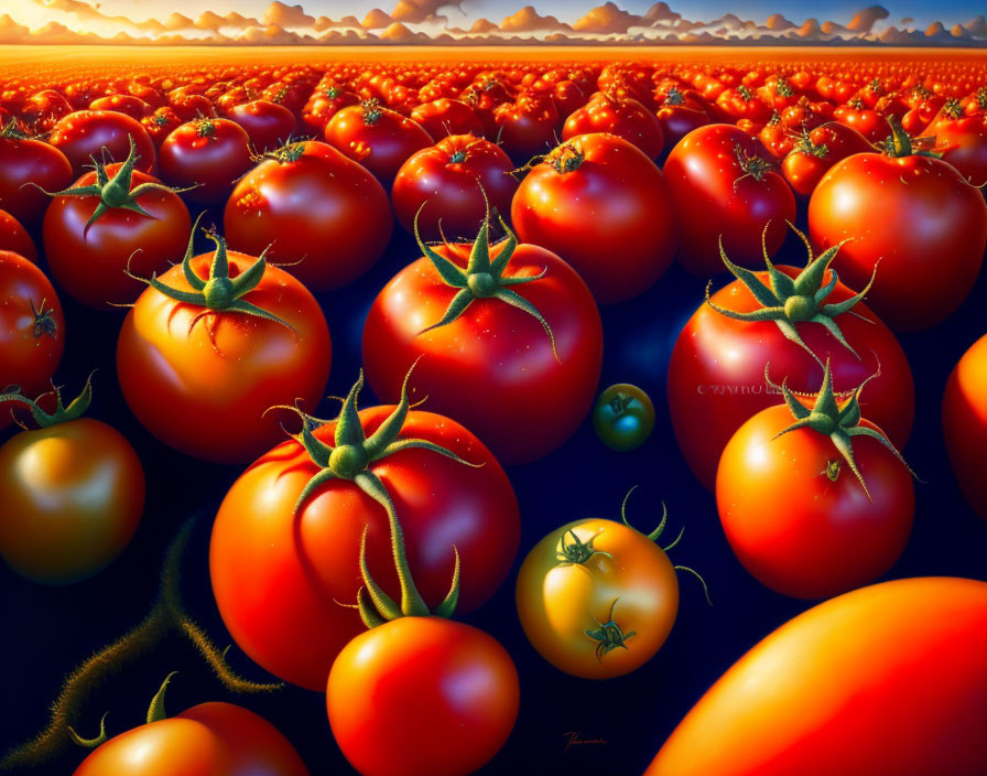 Ripe tomatoes in vibrant field at sunset