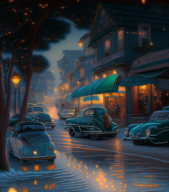 Vintage cars, dim streetlights, wet roads, shop windows' warm glow, and towering trees in