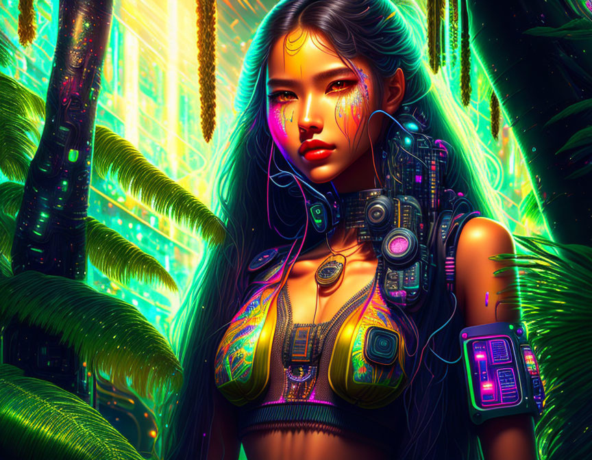 Futuristic cyberpunk-inspired woman with neon body enhancements in vibrant jungle setting