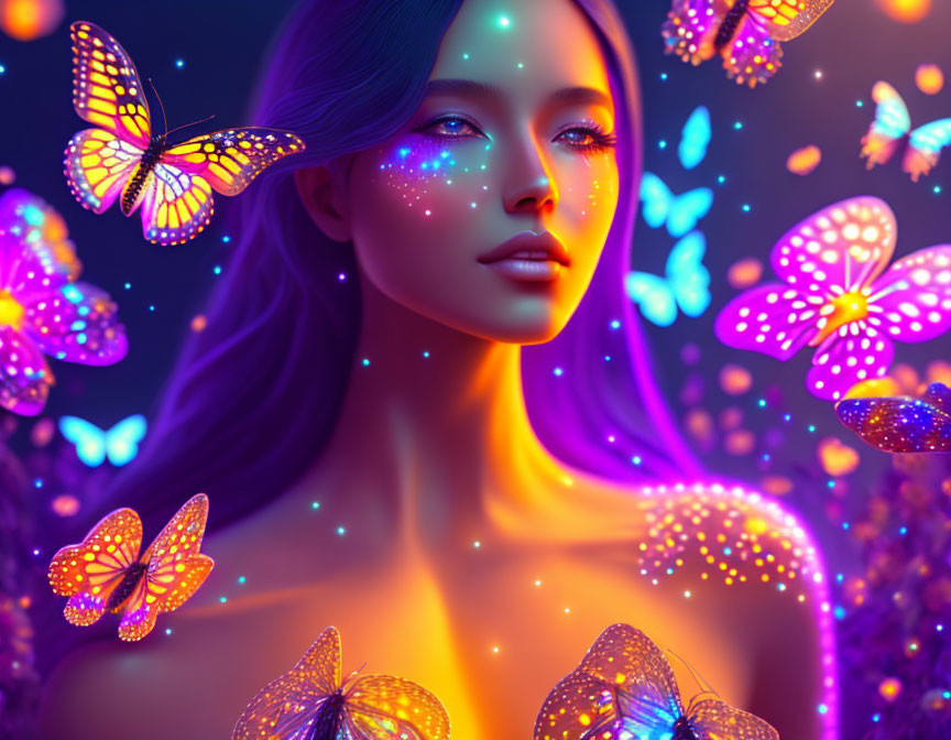 Vibrant purple hair woman with glowing butterflies in surreal setting