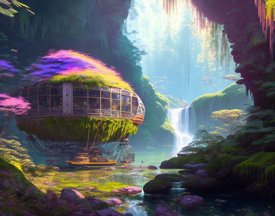 Enchanting treehouse with waterwheel near serene waterfall