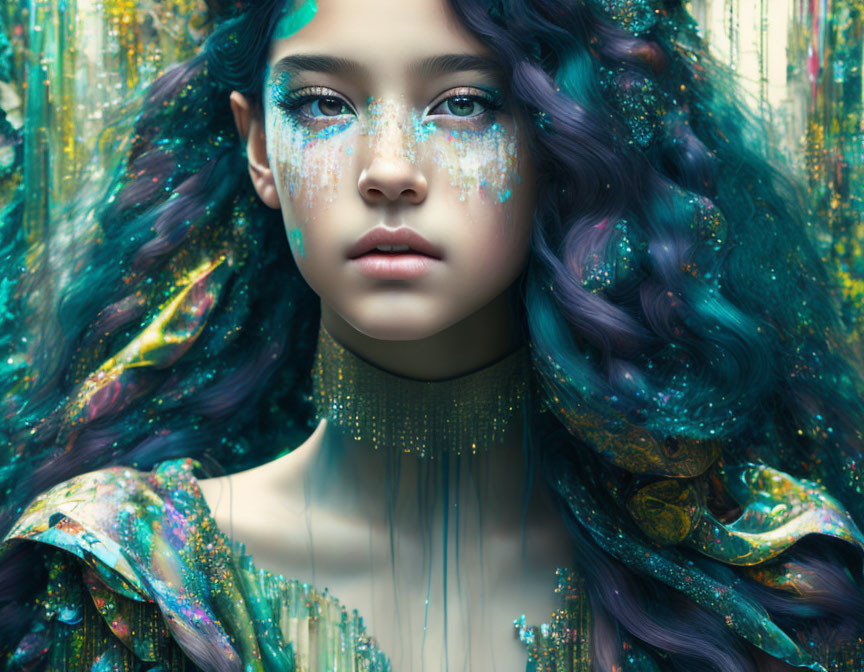 Colorful hair and sparkling makeup girl in vibrant backdrop